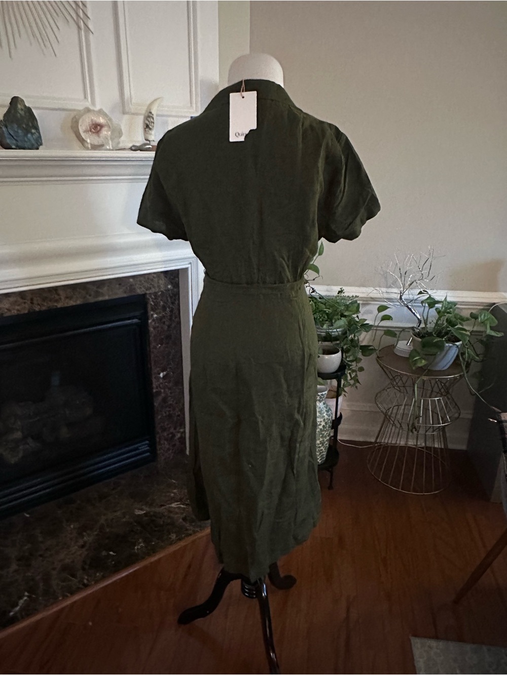 Army Green Linen Collar dress with button front and tie. NWT Quince 8 - Picture 4 of 8